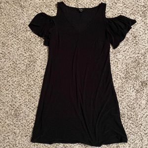 MSK off shoulder, knee length black dress.